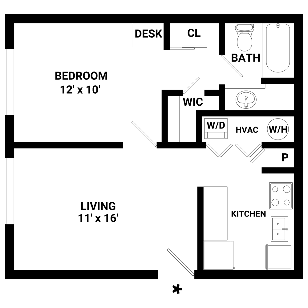 Willow Lake Apartments 1 Bed floor plan, 579 sqft