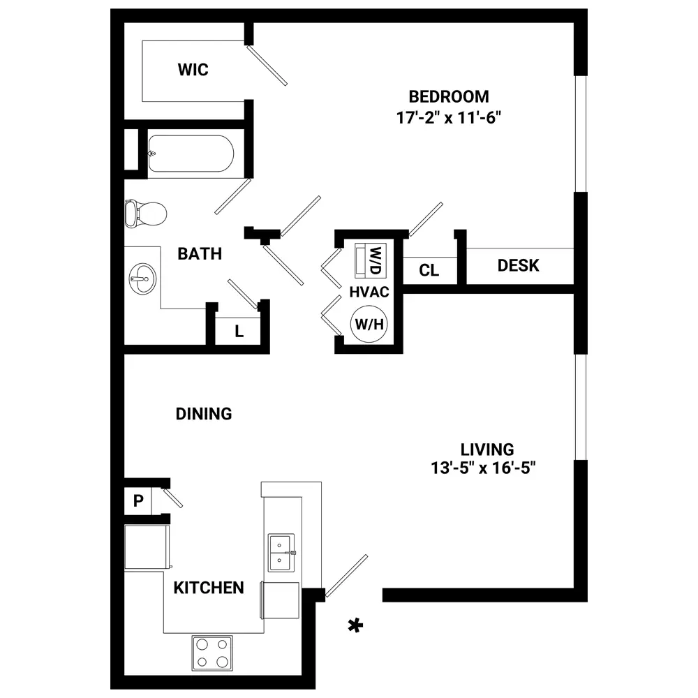 Willow Lake Apartments 1 Bed floor plan, 829 sqft