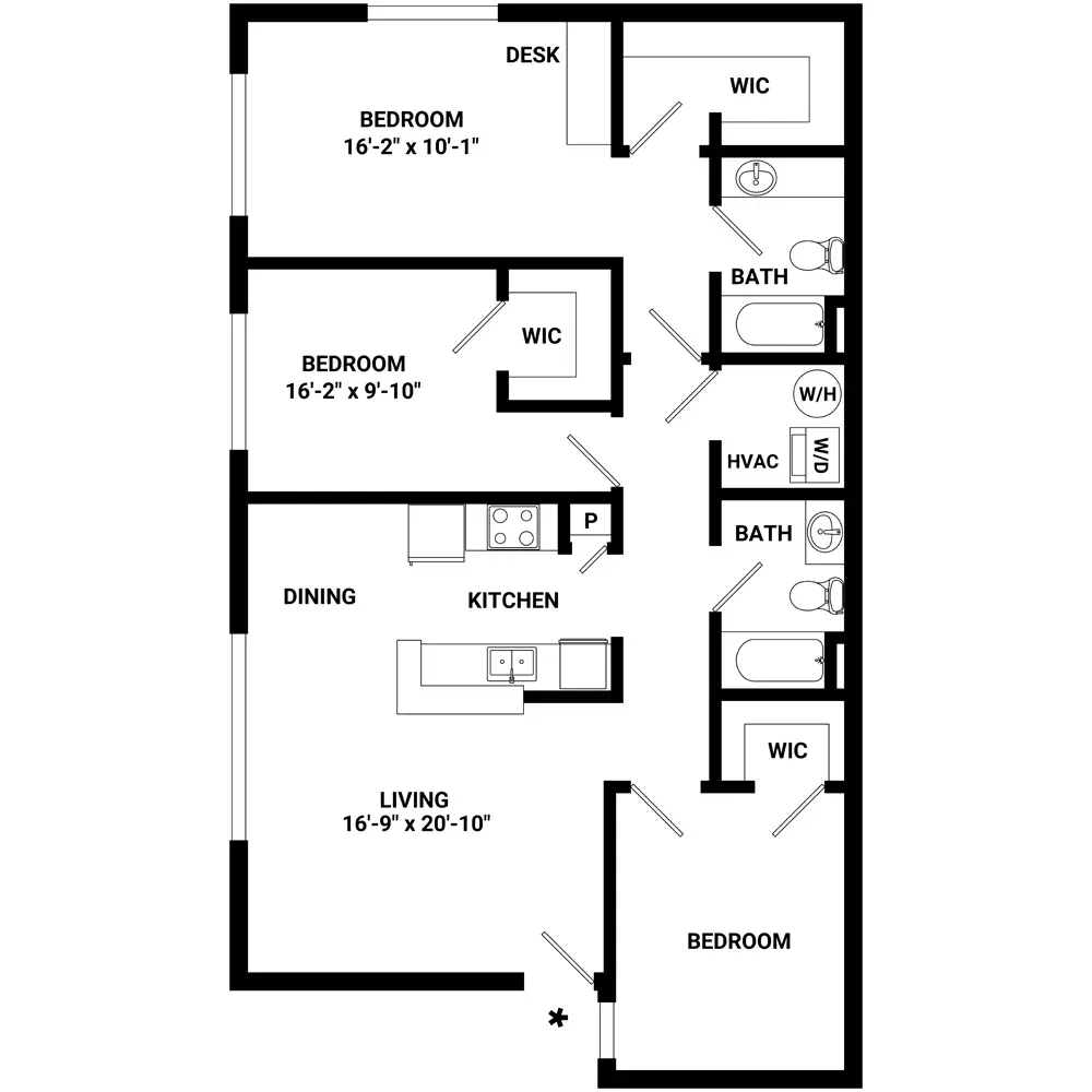 Willow Lake Apartments 3 Beds floor plan, 1255 sqft