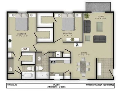 Woodway Garden Townhomes 2 Beds floor plan, 1066 sqft