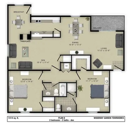 Woodway Garden Townhomes 2 Beds floor plan, 1414 sqft