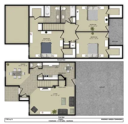 Woodway Garden Townhomes 3 Beds floor plan, 1702 sqft