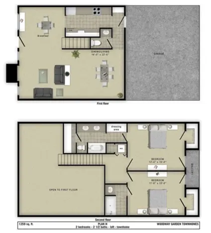 Woodway Garden Townhomes 2 Beds floor plan, 1259 sqft