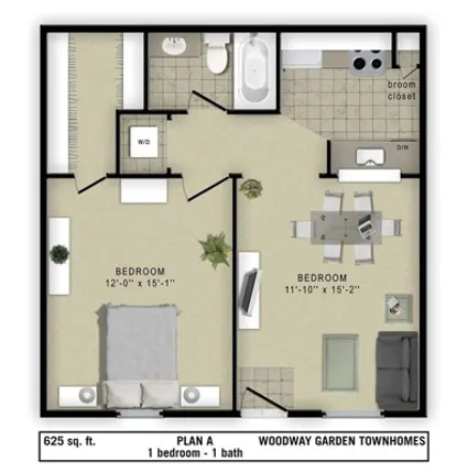 Woodway Garden Townhomes 1 Bed floor plan, 625 sqft