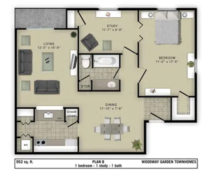 Woodway Garden Townhomes 1 Bed floor plan, 952 sqft