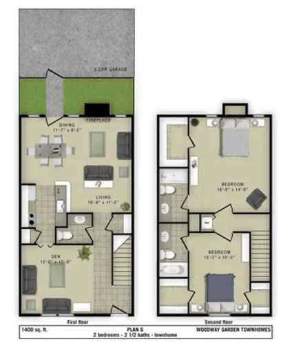 Woodway Garden Townhomes 2 Beds floor plan, 1400 sqft