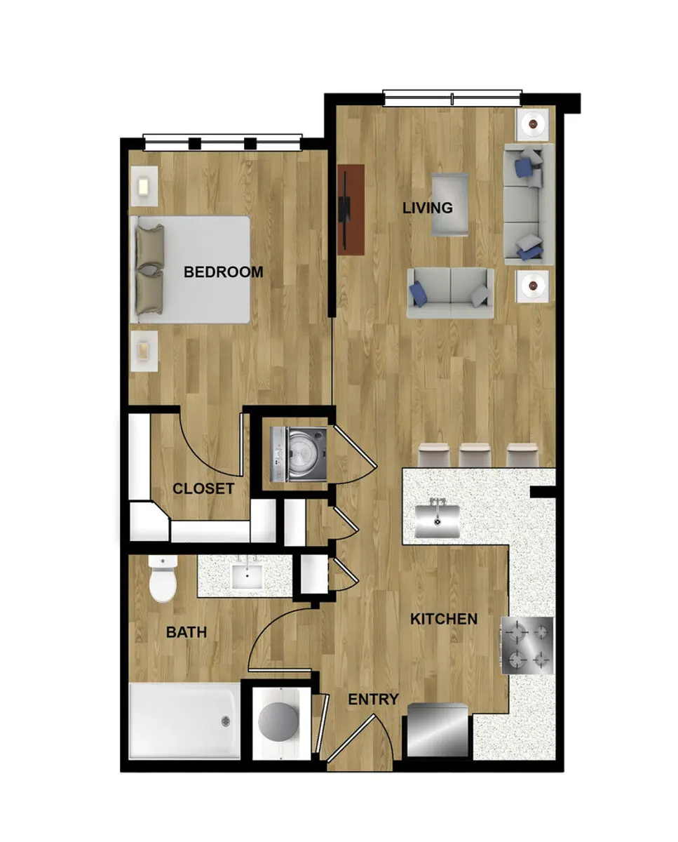 White Oak Highline 1 Bed floor plan, 578 sqft