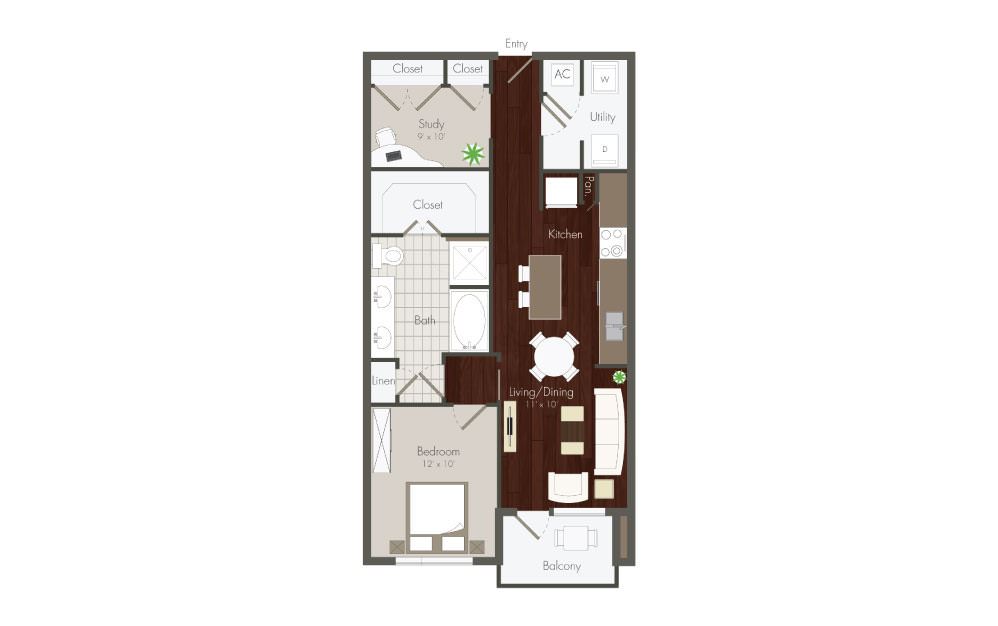 Elan Memorial Park 1 Bed floor plan, 800 sqft