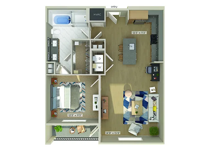 1810 Main 1 Bed floor plan, 851 sqft