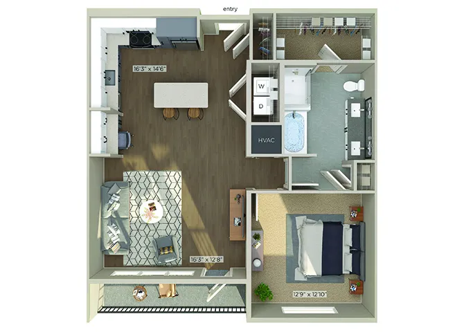 1810 Main 1 Bed floor plan, 886 sqft