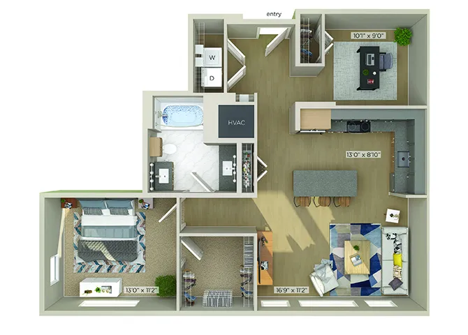 1810 Main 1 Bed floor plan, 877 sqft