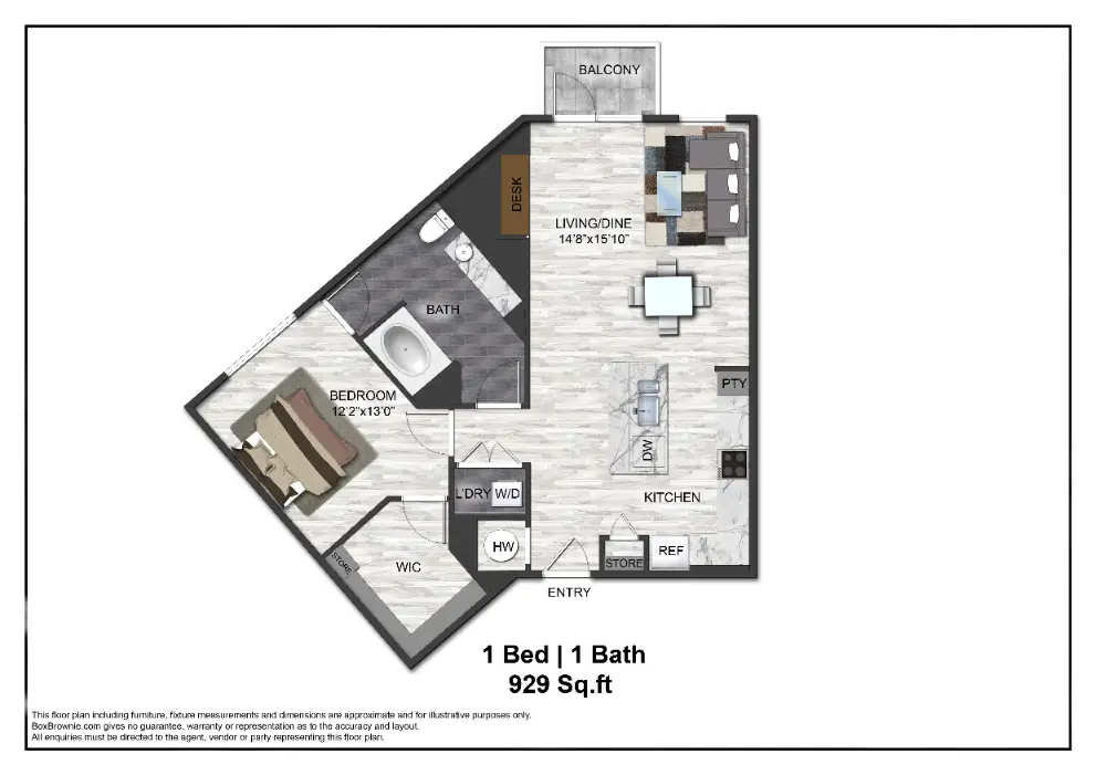 Adenine 1 Bed floor plan, 929 sqft