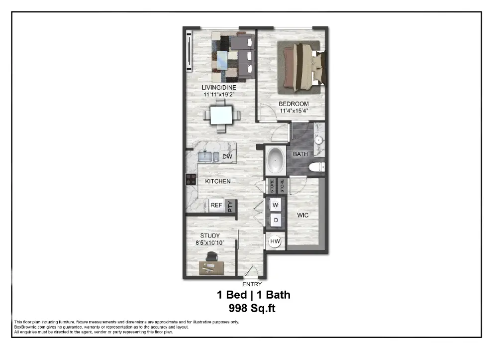 Adenine 1 Bed floor plan, 998 sqft
