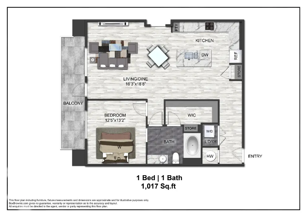 Adenine 1 Bed floor plan, 1017 sqft