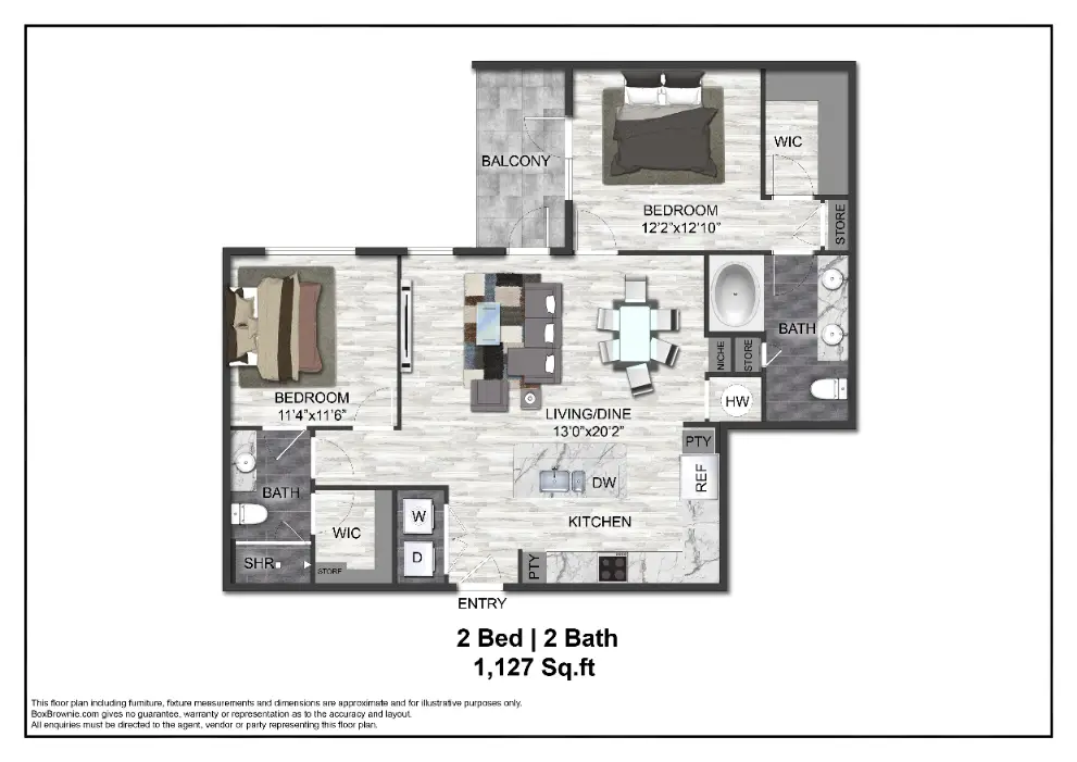 Adenine 2 Beds floor plan, 1127 sqft