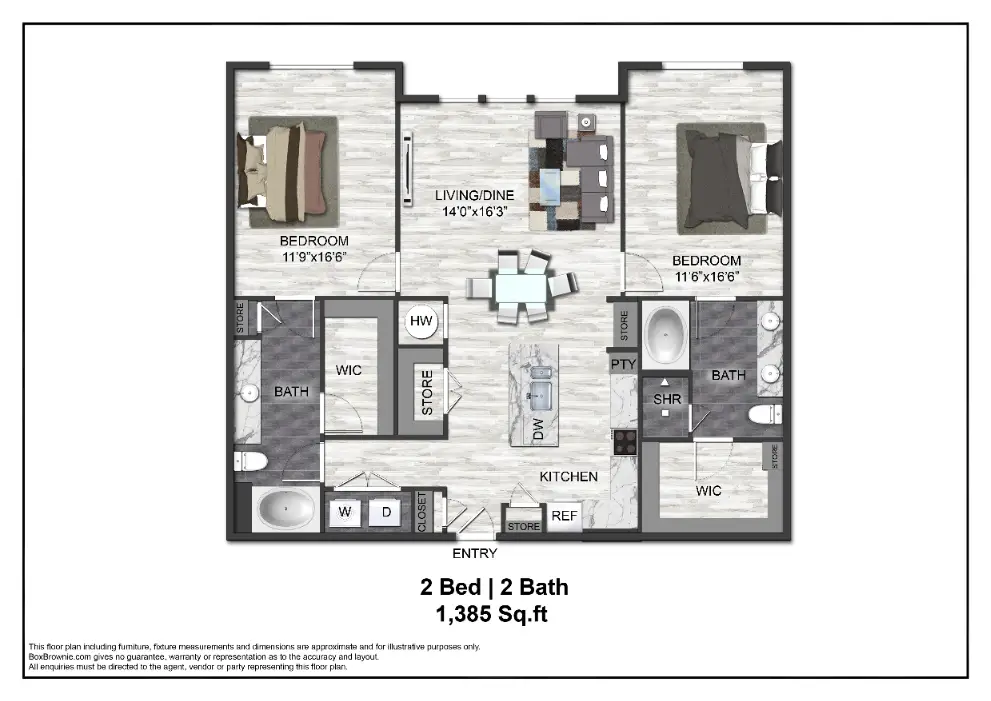 Adenine 2 Beds floor plan, 1385 sqft