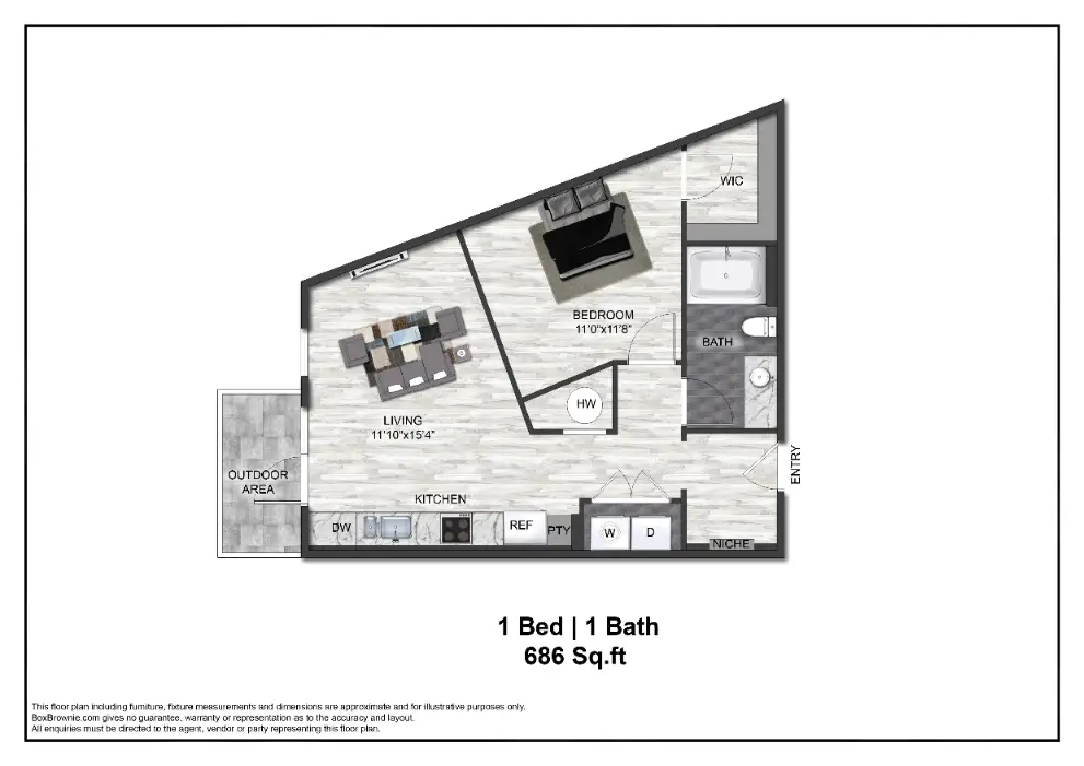Adenine 1 Bed floor plan, 686 sqft