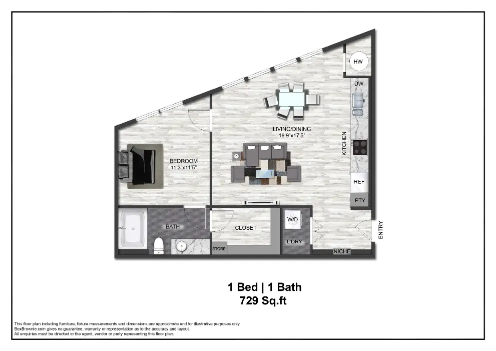 Adenine 1 Bed floor plan, 729 sqft