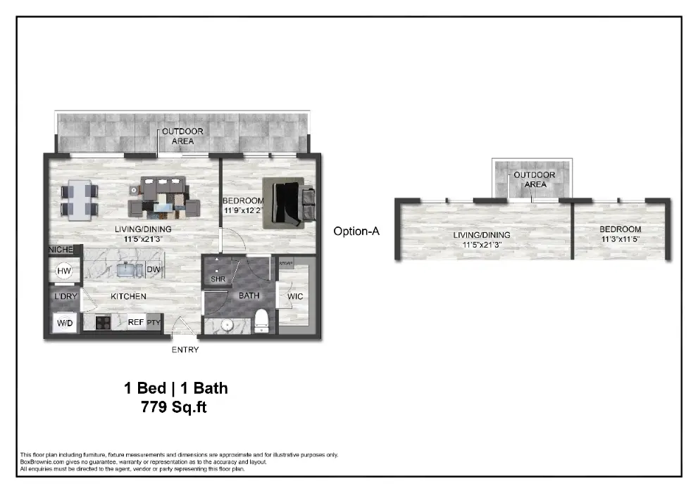 Adenine 1 Bed floor plan, 779 sqft
