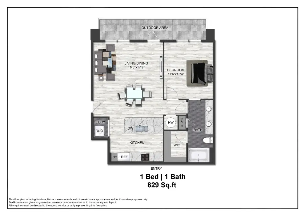 Adenine 1 Bed floor plan, 829 sqft