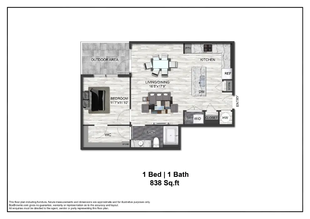 Adenine 1 Bed floor plan, 838 sqft