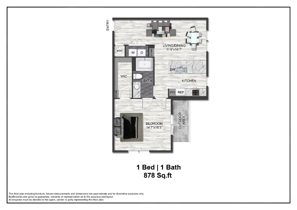 Adenine 1 Bed floor plan, 878 sqft
