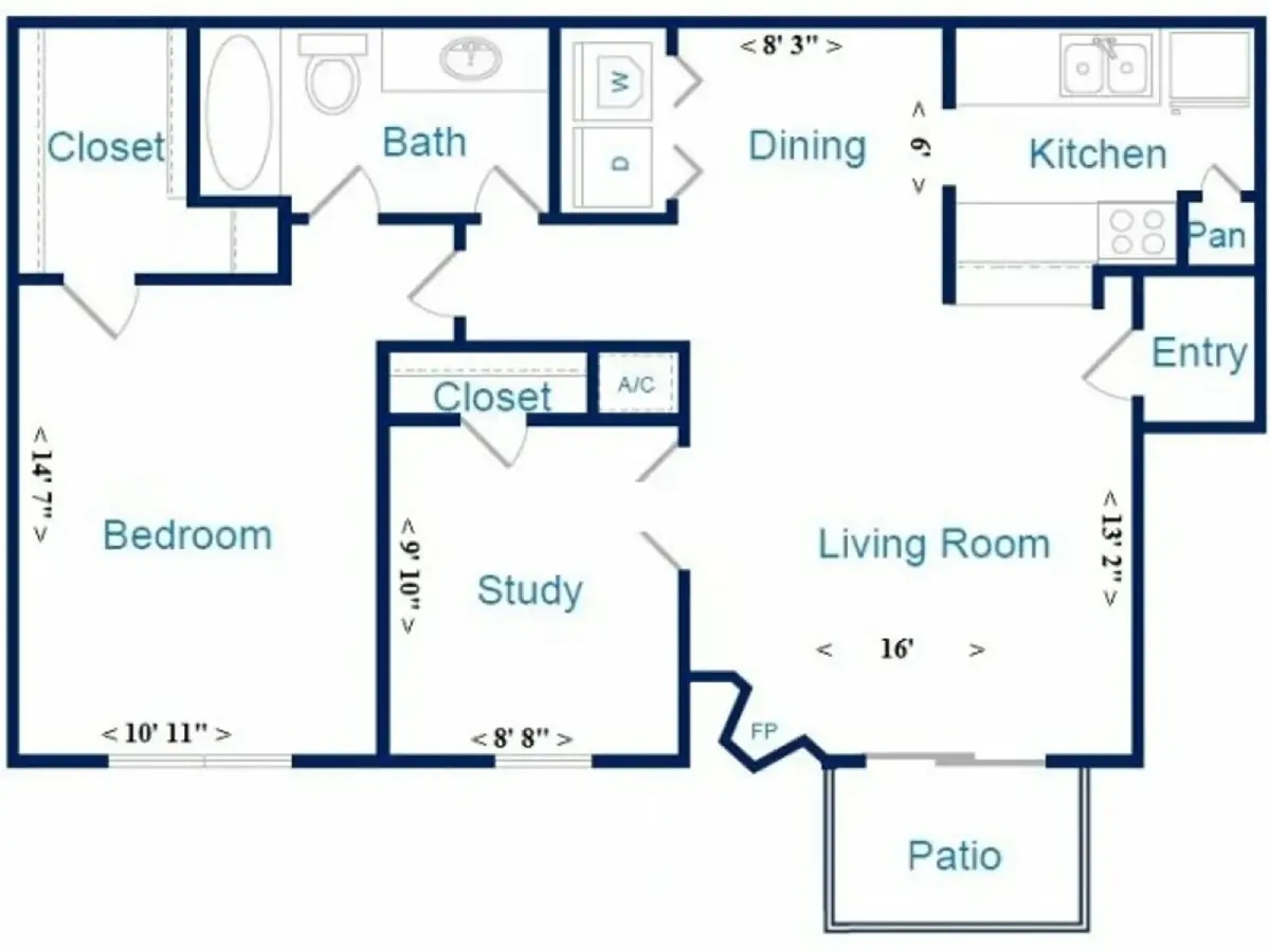 Wilshire Park 2 Beds floor plan, 833 sqft