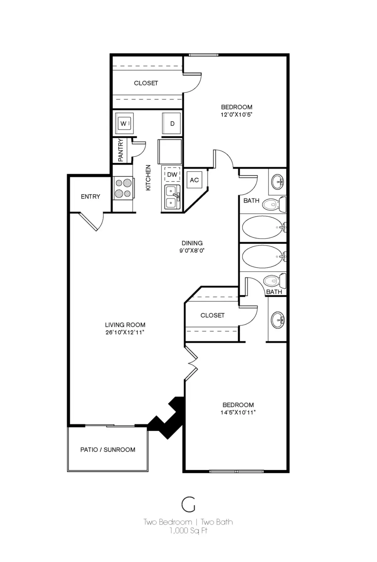 Wilshire Park 2 Beds floor plan, 1000 sqft