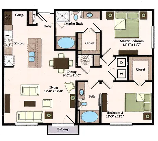 2900 West Dallas 2 Beds floor plan, 1229 sqft