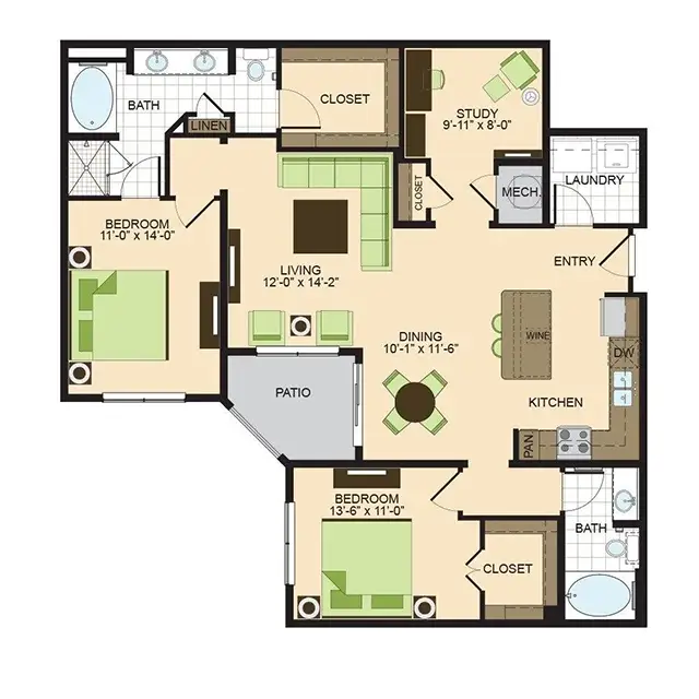 2900 West Dallas 2 Beds floor plan, 1406 sqft