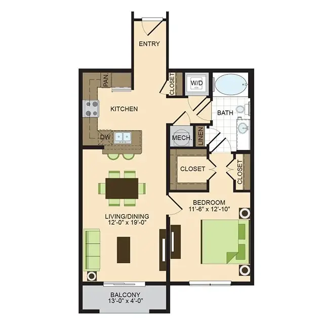 2900 West Dallas 1 Bed floor plan, 793 sqft