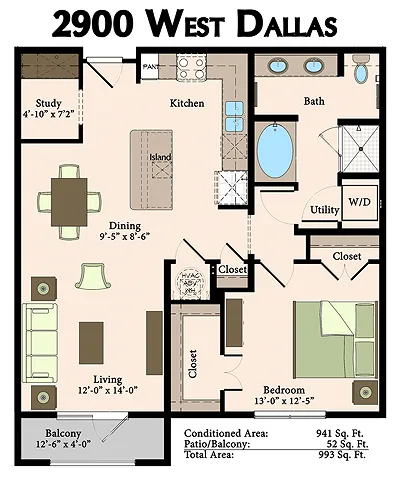 2900 West Dallas 1 Bed floor plan, 941 sqft