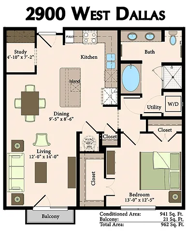 2900 West Dallas 1 Bed floor plan, 941 sqft