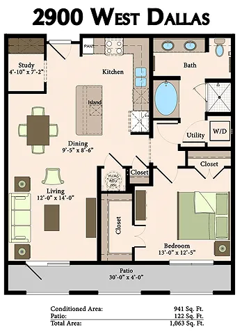 2900 West Dallas 1 Bed floor plan, 941 sqft