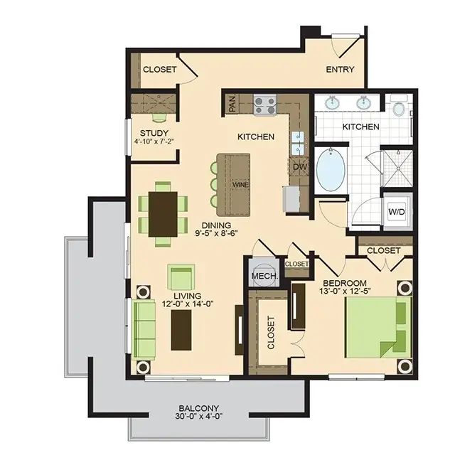 2900 West Dallas 1 Bed floor plan, 1074 sqft