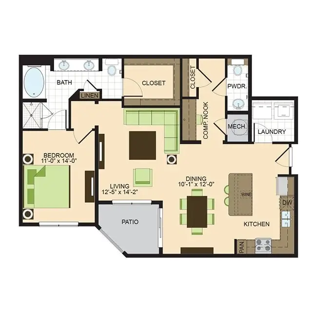 2900 West Dallas 1 Bed floor plan, 1107 sqft