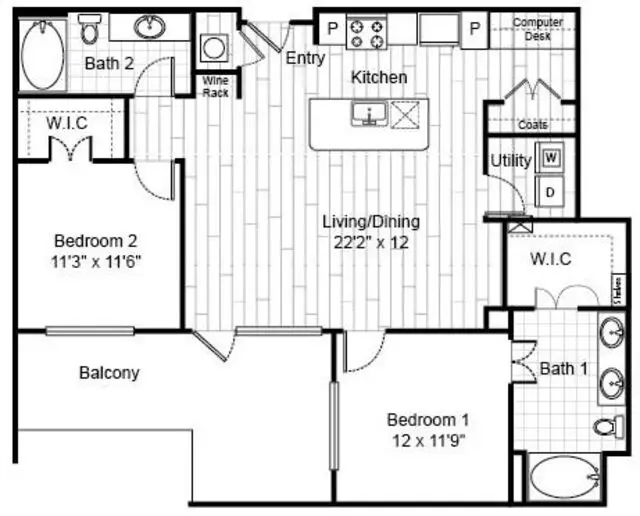 Virage Luxury Apartments 2 Beds floor plan, 1185 sqft