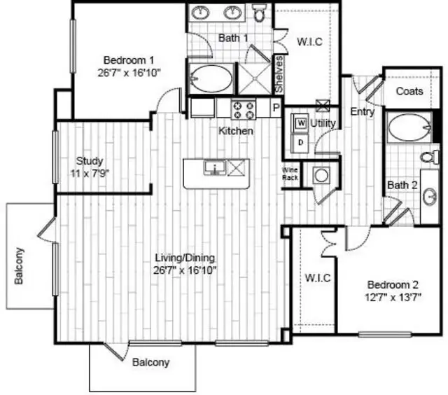 Virage Luxury Apartments 2 Beds floor plan, 1622 sqft