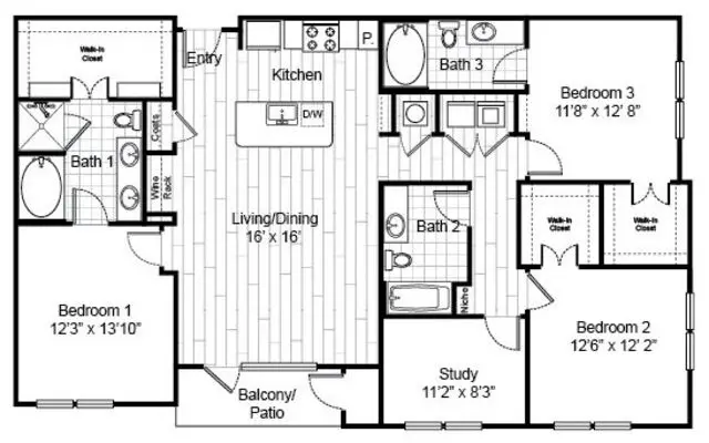 Virage Luxury Apartments 3 Beds floor plan, 1644 sqft