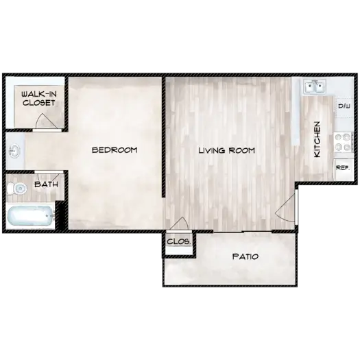 Woodchase Apartments Houston 1 Bed floor plan, 490 sqft