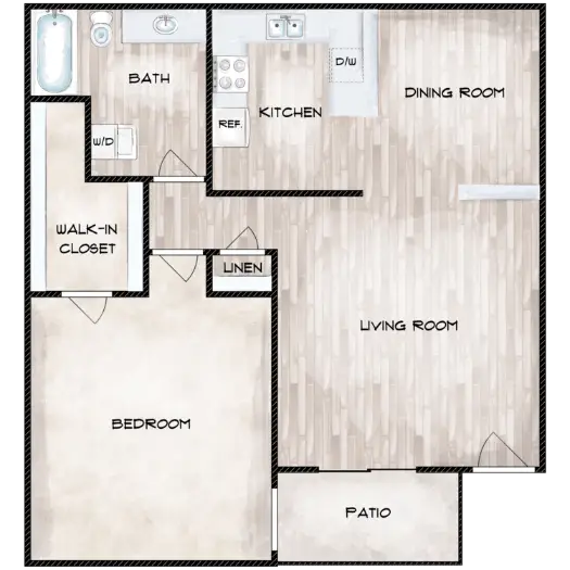 Woodchase Apartments Houston 1 Bed floor plan, 823 sqft