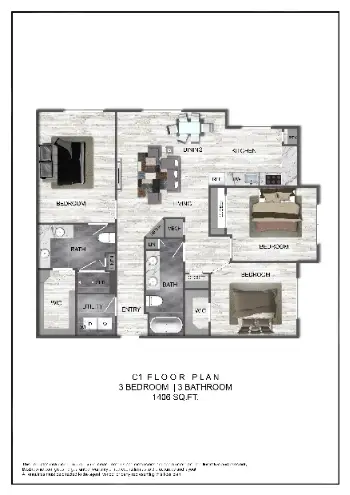 Domain at CityCentre 3 Beds floor plan, 1406 sqft