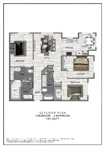 Domain at CityCentre 3 Beds floor plan, 1421 sqft