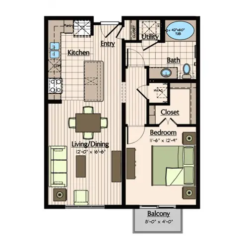 1900 Yorktown Apartments 1 Bed floor plan, 755 sqft