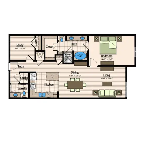 1900 Yorktown Apartments 1 Bed floor plan, 1158 sqft