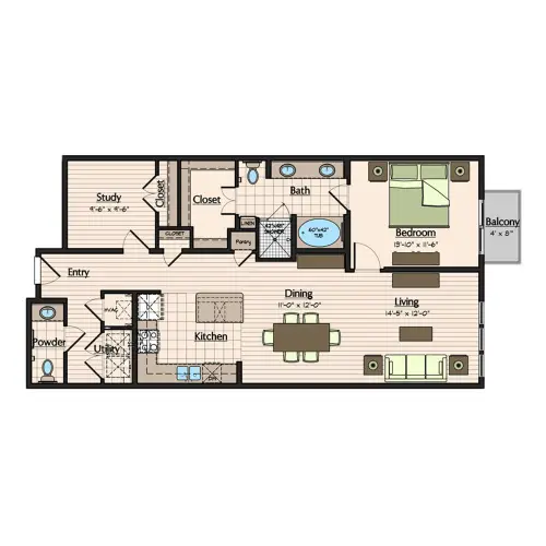 1900 Yorktown Apartments 1 Bed floor plan, 1158 sqft