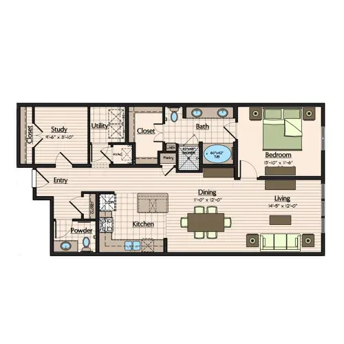 1900 Yorktown Apartments 1 Bed floor plan, 1178 sqft