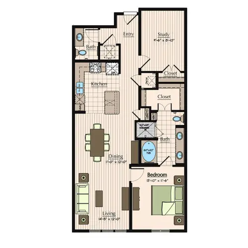 1900 Yorktown Apartments 1 Bed floor plan, 1161 sqft