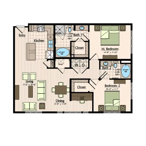 1900 Yorktown Apartments 2 Beds floor plan, 1265 sqft