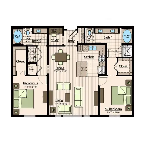 1900 Yorktown Apartments 2 Beds floor plan, 1287 sqft